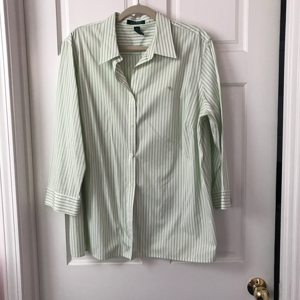 Lauren green and white stripe long sleeve blouse